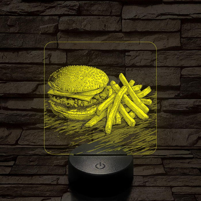 Street food sajtburger és krumpli 7 színű, valósághűen gravírozott 3D led lámpa