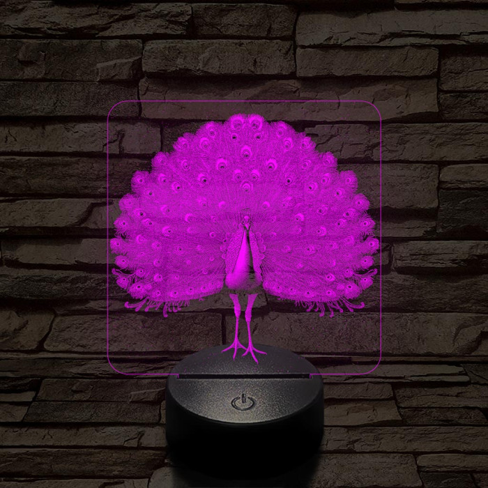 Gyönyörű páva madár 7 színű valósághű 3D led lámpa