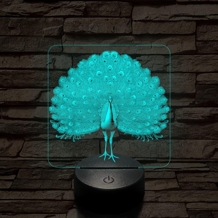 Gyönyörű páva madár 7 színű valósághű 3D led lámpa