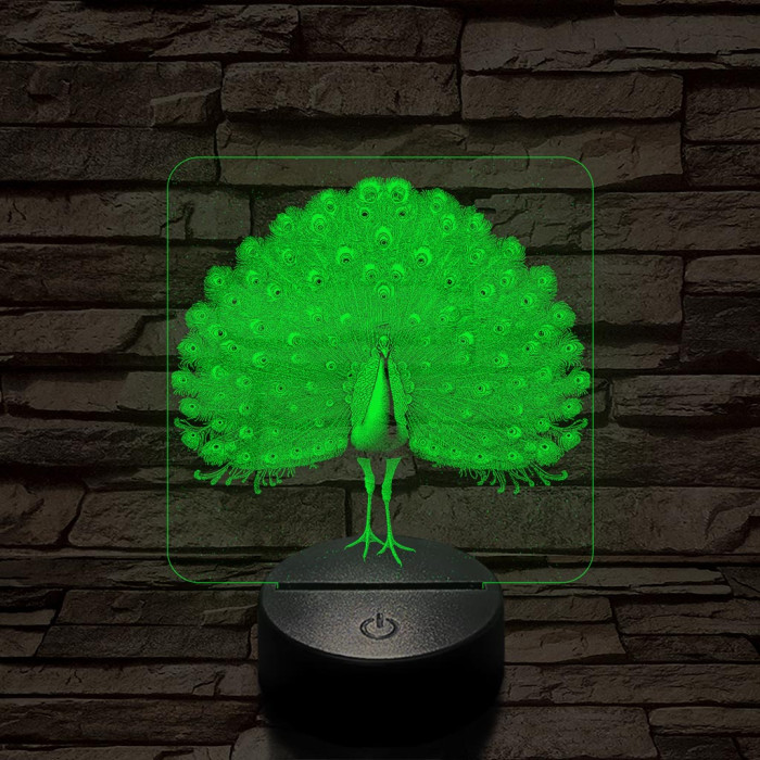 Gyönyörű páva madár 7 színű valósághű 3D led lámpa