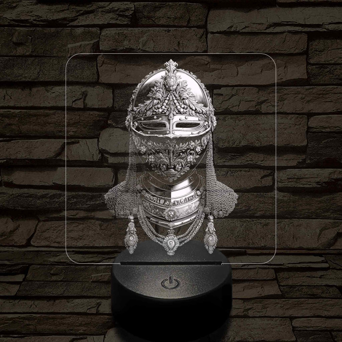 Díszes rostélyos lovagi sisak 7 színű, valósághűen gravírozott 3D led lámpa
