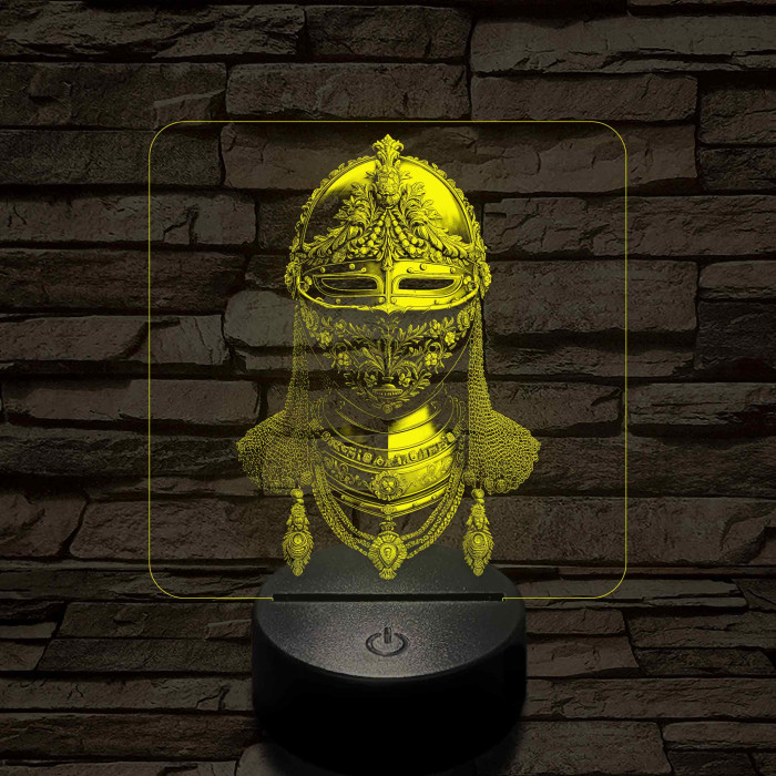 Díszes rostélyos lovagi sisak 7 színű, valósághűen gravírozott 3D led lámpa