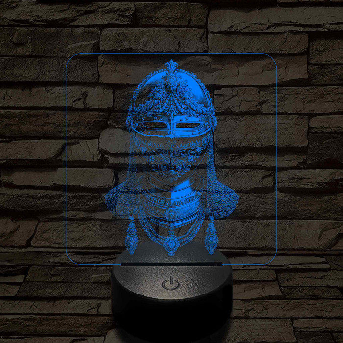 Díszes rostélyos lovagi sisak 7 színű, valósághűen gravírozott 3D led lámpa