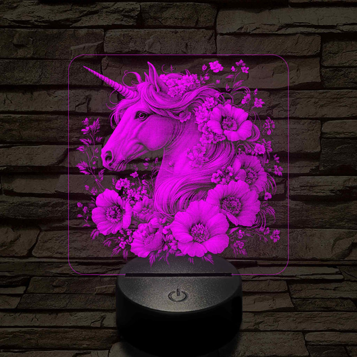 Unikornis virágokkal 7 színű valósághű 3D led lámpa